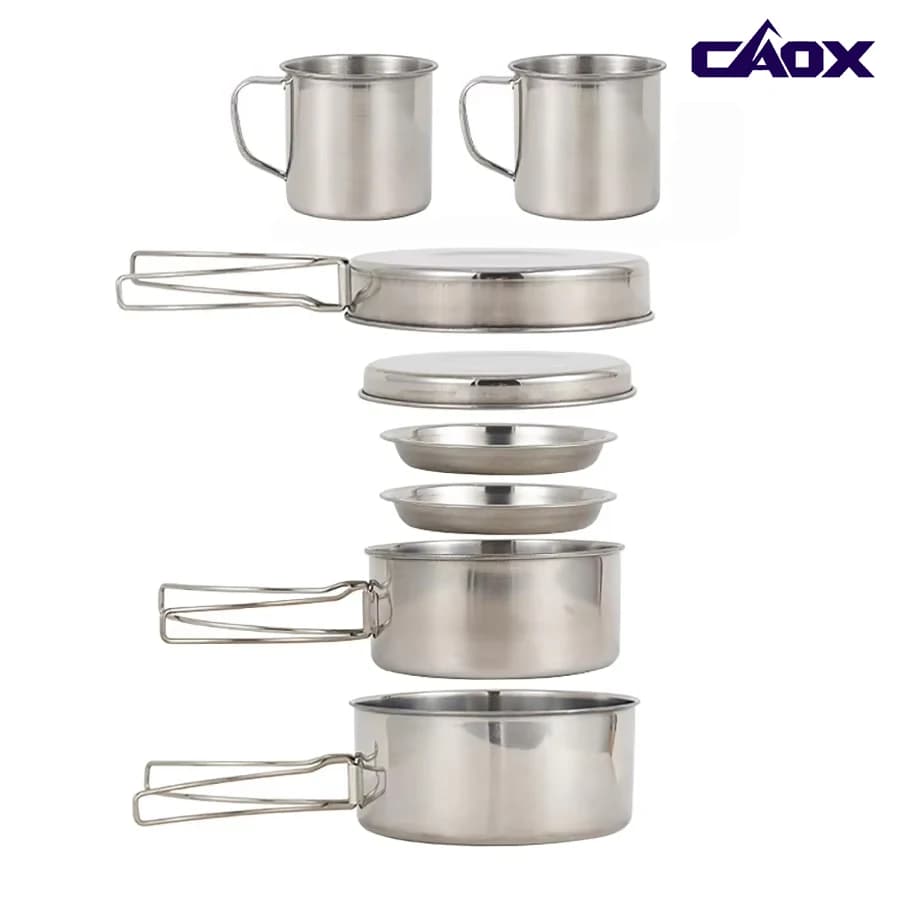 CAOX Ensemble de 8 ustensiles de cuisine de camping en acier inoxydable avec casseroles, poêles, assiettes et tasses pour la randonnée et le backpacking en plein air