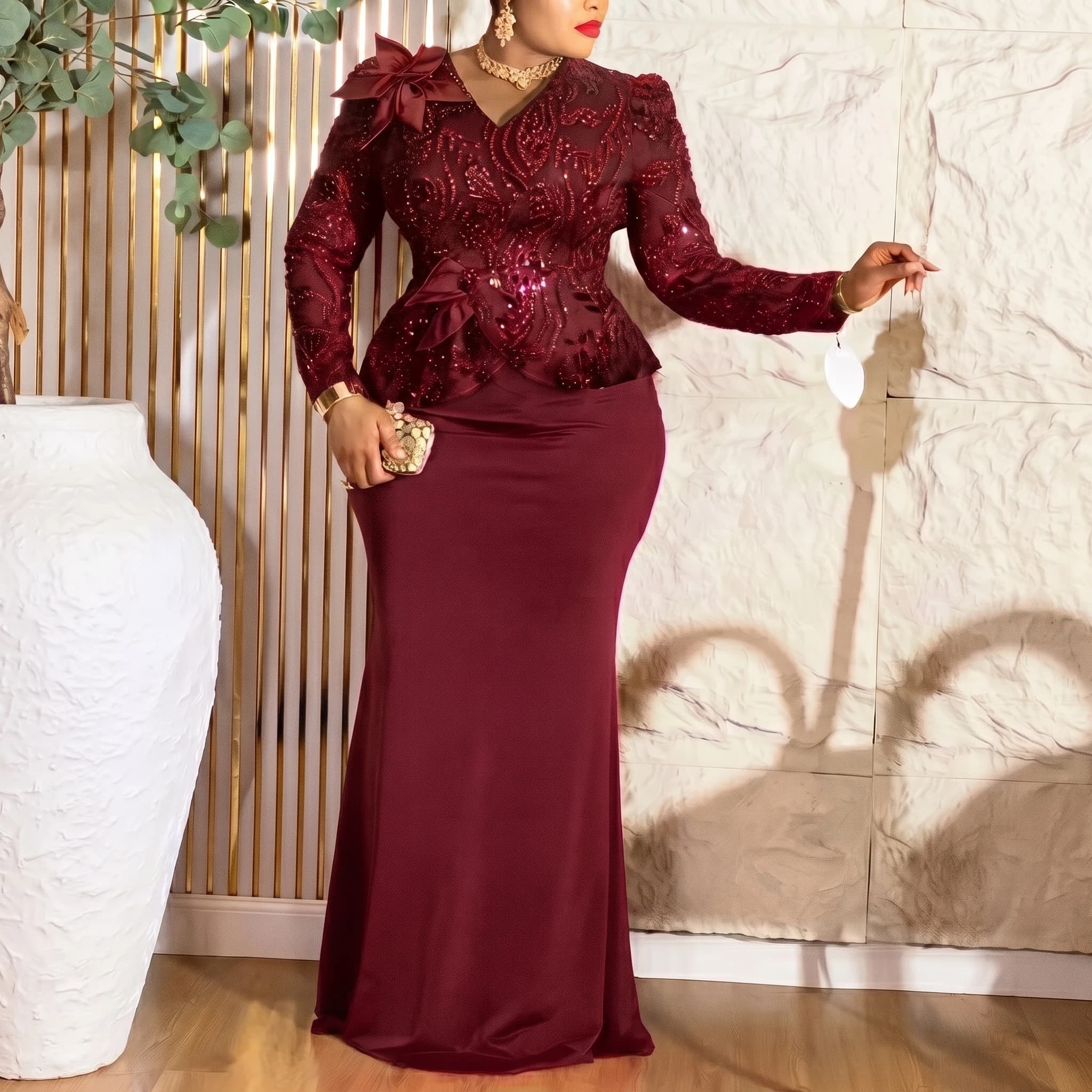 Robe élégante pour femme à sequins, col en V, manches longues, motif floral 3D, taille cintrée avec péplum, ourlet sirène, pour mariages, cocktails et événements