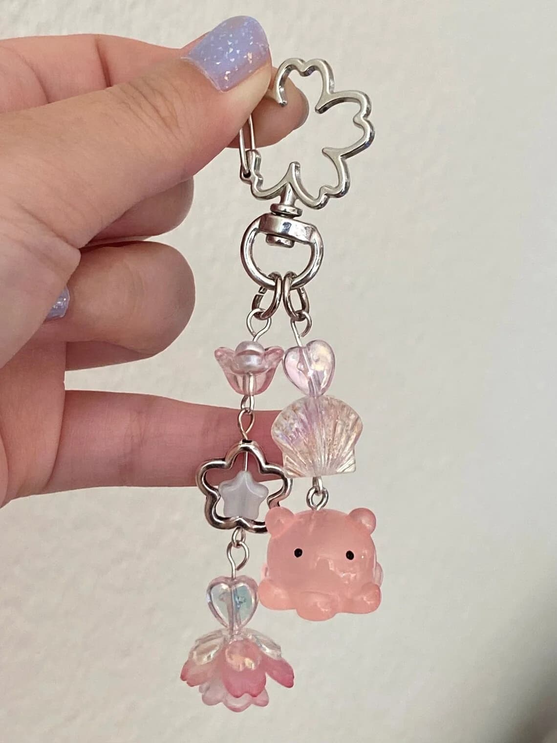 Flapjack Octopus Keychain, Pink Octopus, Kawaii, Cute, None Blossoms, Sakura, Glow in the Dark, Glass Beads, Acrylic Beads