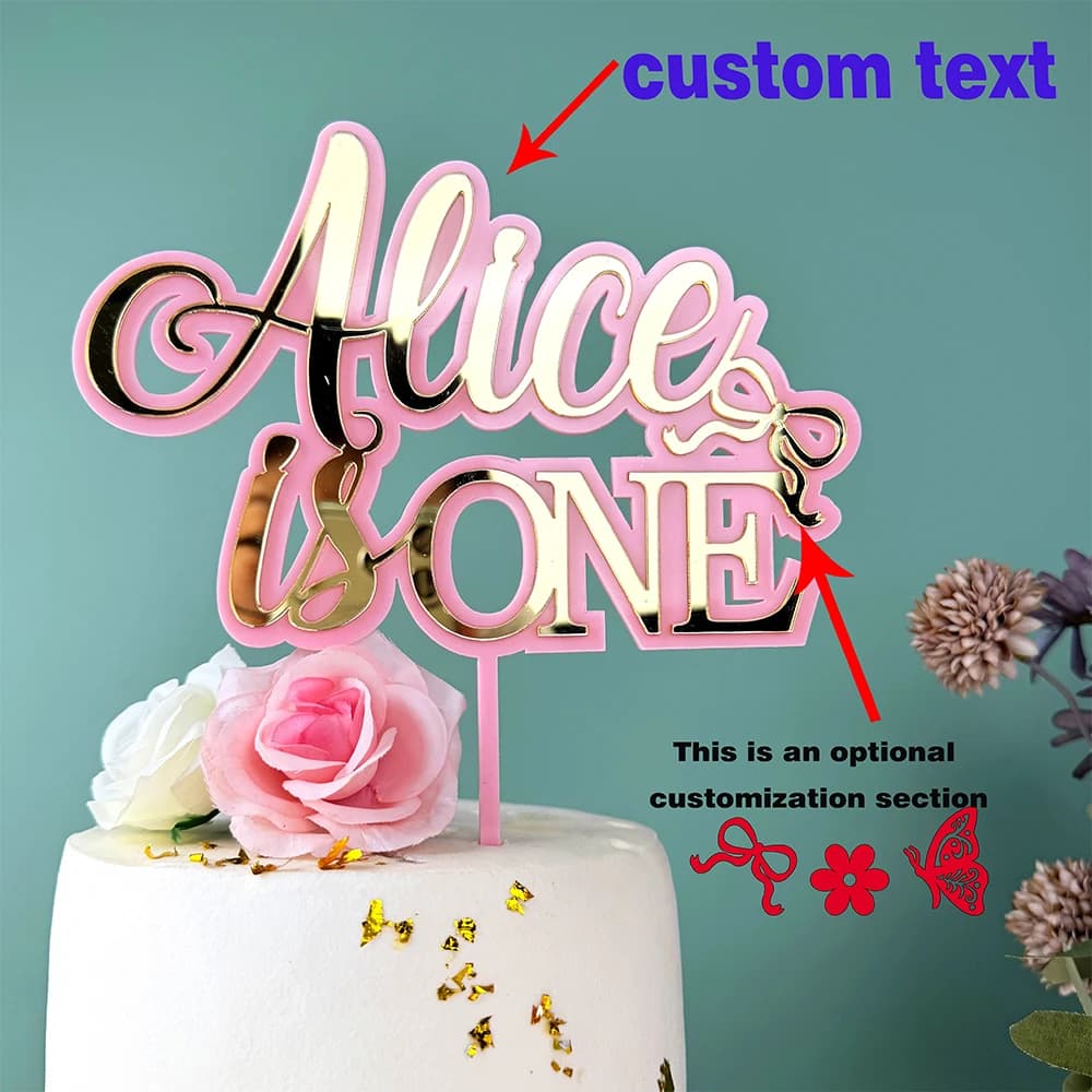 Décoration de gâteau personnalisée pour premier anniversaire avec nom sur mesure, double couche en acrylique rose et or, pour la décoration de fête d'anniversaire