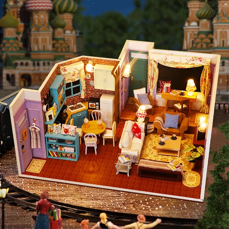 Kits de construction miniatures pour appartement de Monica en bois, serre-livres avec lumières, étagère assemblée, décoration de la maison, cadeaux pour amis, bricolage