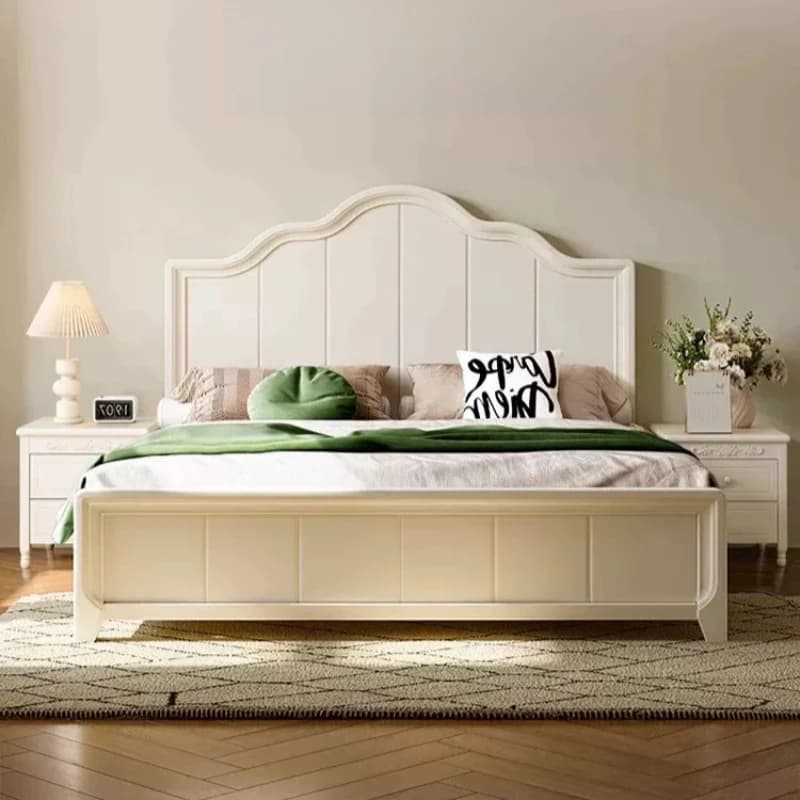 Lit blanc élégant, cadre minimaliste au design unique, lit de luxe crème, style lounge français, avec tête de lit et sommier intégré, pour chambre à coucher, mobilier de chambre.
