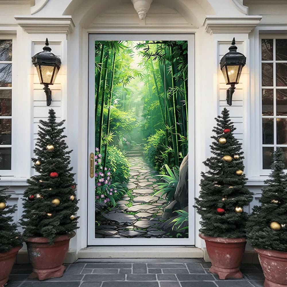 Rideau de porte de chemin forestier en bambou paisible - une décoration naturelle séène pour une utilisation intérieure et extérieure