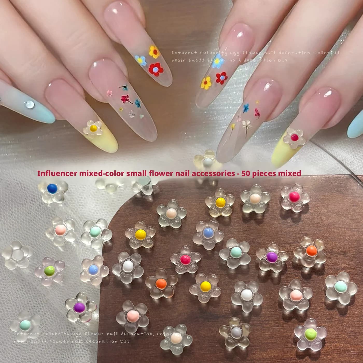 YYM 50PCS Décoration d'ongles élégante en résine, fleurs à cinq pétales pour le printemps et l'été, breloques pour ongles pour accessoires de manucure DIY