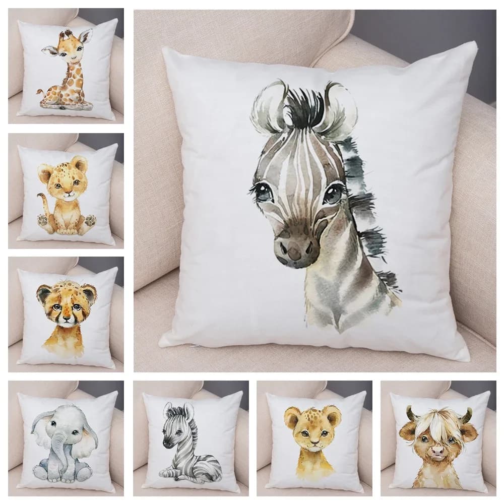 Juste de coussin d'interconnexion animal mignon, canapé, décoration d'intérieur, zèbre, girafe, hippopotame, singe, renard discutant